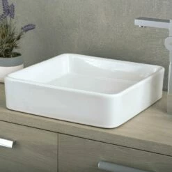 DAX Ceramic Square Single Bowl Bathroom Vessel Sink, White Finish, 15-5/16 X 15-5/16 X 2-5/16 Inches (BSN-285C)