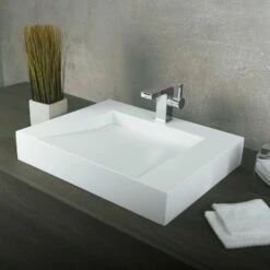 DAX Solid Surface Rectangle Single Bowl Wall Mount Bathroom Sink, White Matte Finish, 23-3/5 X 18-1/2 X 4 Inches (DAX-AB-1379)