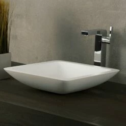 DAX Solid Surface Square Single Bowl Bathroom Vessel Sink, White Matte Finish, 16-1/2 X 16-1/2 X 4 Inches (DAX-AB-1320)