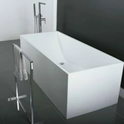 DAX Square Freestanding Solid Surface Bathtub With Central Drain And Overflow, Stainless Steel Frame, 66-1/18 X 21-5/8 X 29-5/8 Inches (BT-AB-B029)