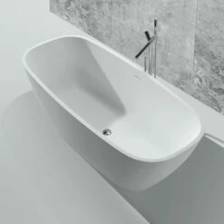 DAX Oval Freestanding Matte Solid Surface Bathtub With Central Drain And Overflow, Fiberglass Reinforcement, Full Immersion, Stainless Steel Frame, 67-3/4 X 21-5/8 X 28-3/4 Inches (BT-AB-B037)