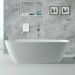 DAX Oval Freestanding Matte Solid Surface Bathtub With Central Drain And Overflow, Fiberglass Reinforcement, Full Immersion, Stainless Steel Frame, 67-3/4 X 21-5/8 X 28-3/4 Inches (BT-AB-B037) -Bathroom Sales Shop BT AB B037 03
