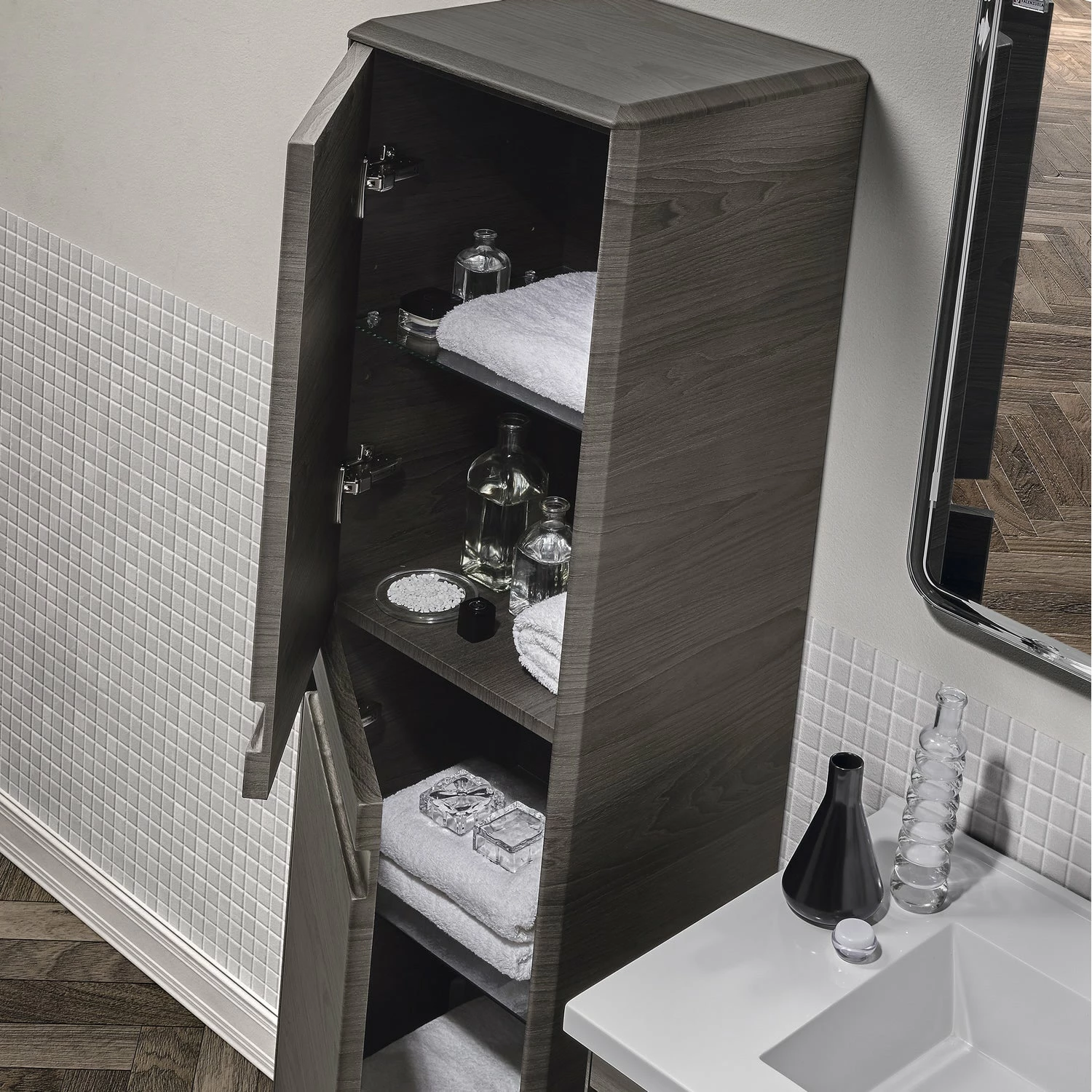 16" Small Side Cabinet, Wall Mount, 1 Door Whit Soft Close And Left Opening, Walnut, Serie Barcelona By VALENZUELA 1 16" Small Side Cabinet, Wall Mount, 1 Door Whit Soft Close And Left Opening, Walnut, Serie Barcelona By VALENZUELA