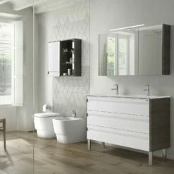 16" Open Side Cabinet With Shelves And Mirror, Wall Mount, Walnut, Serie Barcelona By VALENZUELA