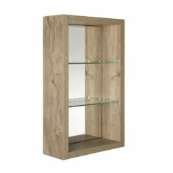 16" Open Side Cabinet With Shelves And Mirror, Wall Mount, Oak, Serie Tino By VALENZUELA