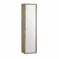 16" Tall Side Cabinet, Wall Mount, 1 Door With Handle Soft Close And Reversible Opening, Oak - White, Serie Tino By VALENZUELA
